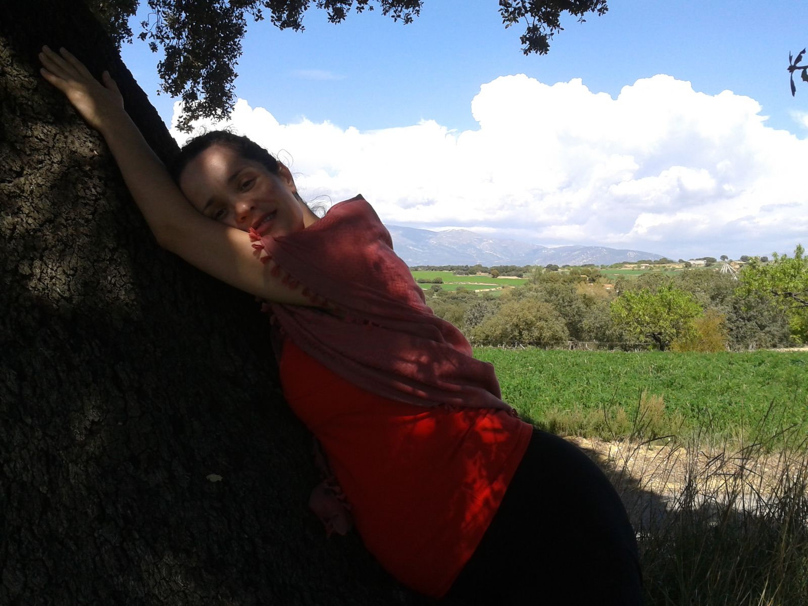 Mujer embarazada abrazada a un árbol en el campo